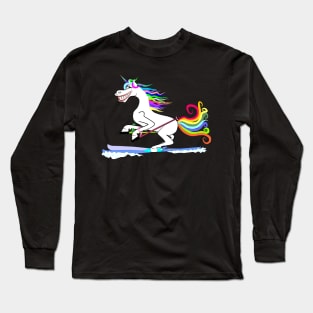 Unicorn funny skiing through the snow with colorful mane and tail Long Sleeve T-Shirt